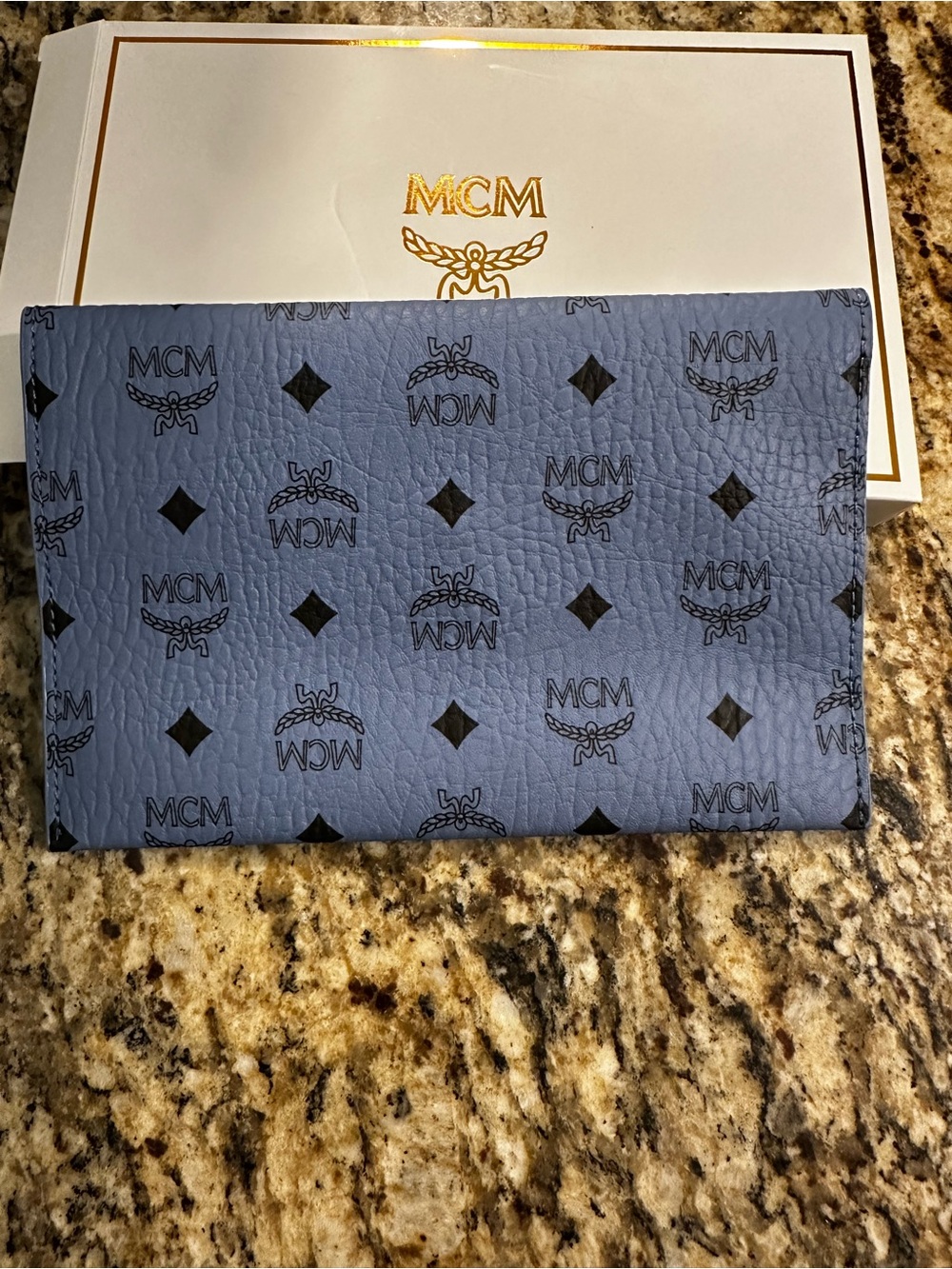 MCM Logo Monogram Envelope Clutch in Dusty Blue - Picture 3 of 15